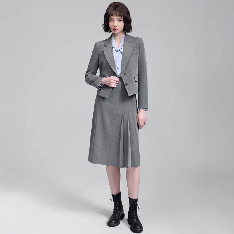 Gray high-end college-style long-sleeved blazer with a small suit collar, women's shirt, and skirt three-piece set for commuting