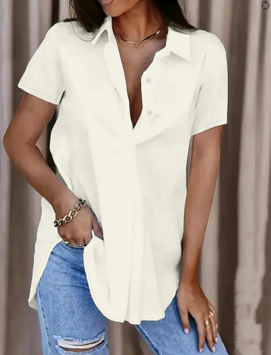 Women Elegant Solid Button Shirt Blouse Spring Summer Casual Short Sleeve V Neck Loose Shirt Office Tops 2024