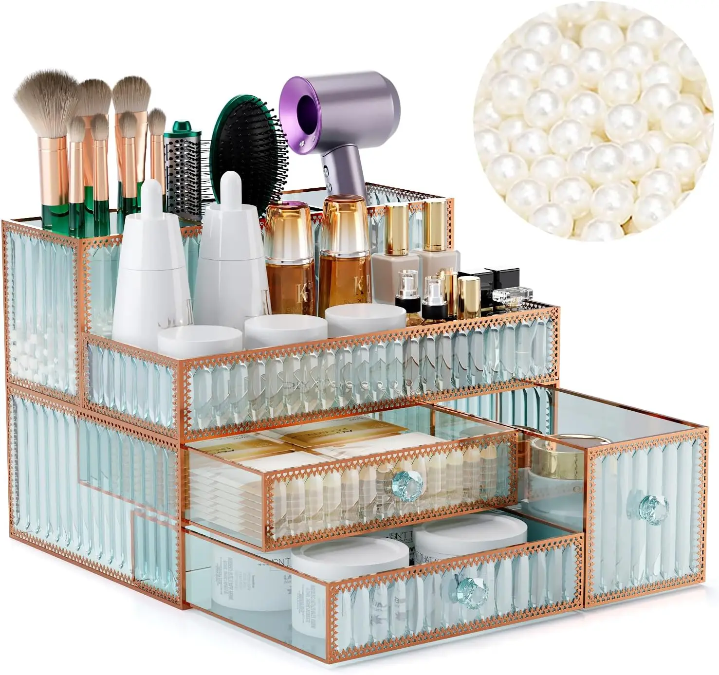 

Tempered Glass Makeup Organizer for Cosmetics, Skincare, Hair Tools - Multipurpose Bathroom Countertop Storage