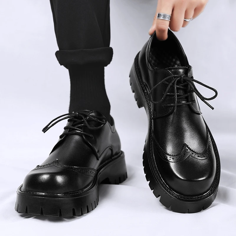Men's Plus Size Thick Sole Height Increasing Carved Loafers, British Style Brogue Leather Shoes, Business Formal Dress Shoes