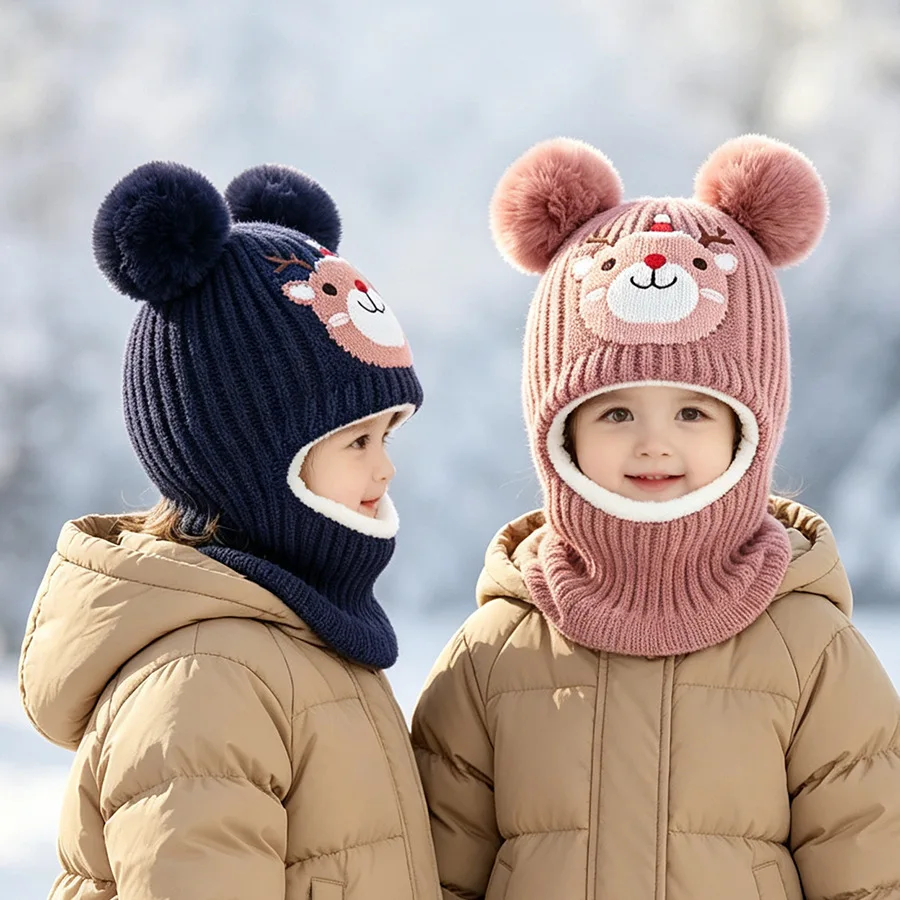 2026 Winter 2‑in‑1 Hooded Scarf 1-5Y Kids Deer Print Pom Beanie Scarf Warm Windproof Outdoor Headwear for Boys Girls