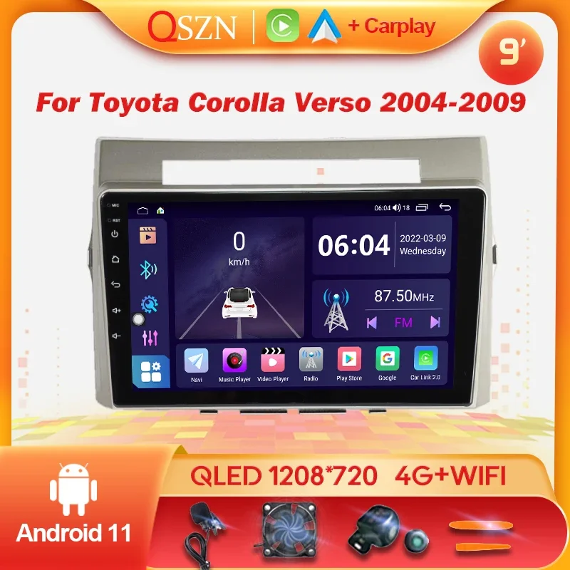 

QSZN 9'' Android 11 Car Radio For Toyota Corolla Verso 2004-2009 IPS QLED Multimedia Video Player GPS AI Voice CarPlay 4G Auto