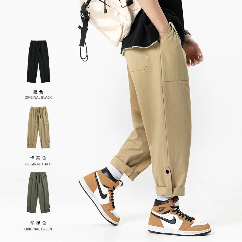 

Autumn 2025 Men Cargo Pants Solid Straight Long Trousers Lace Up Elastic Waist Pockets Casual Loose Regular Splice Simple Pant
