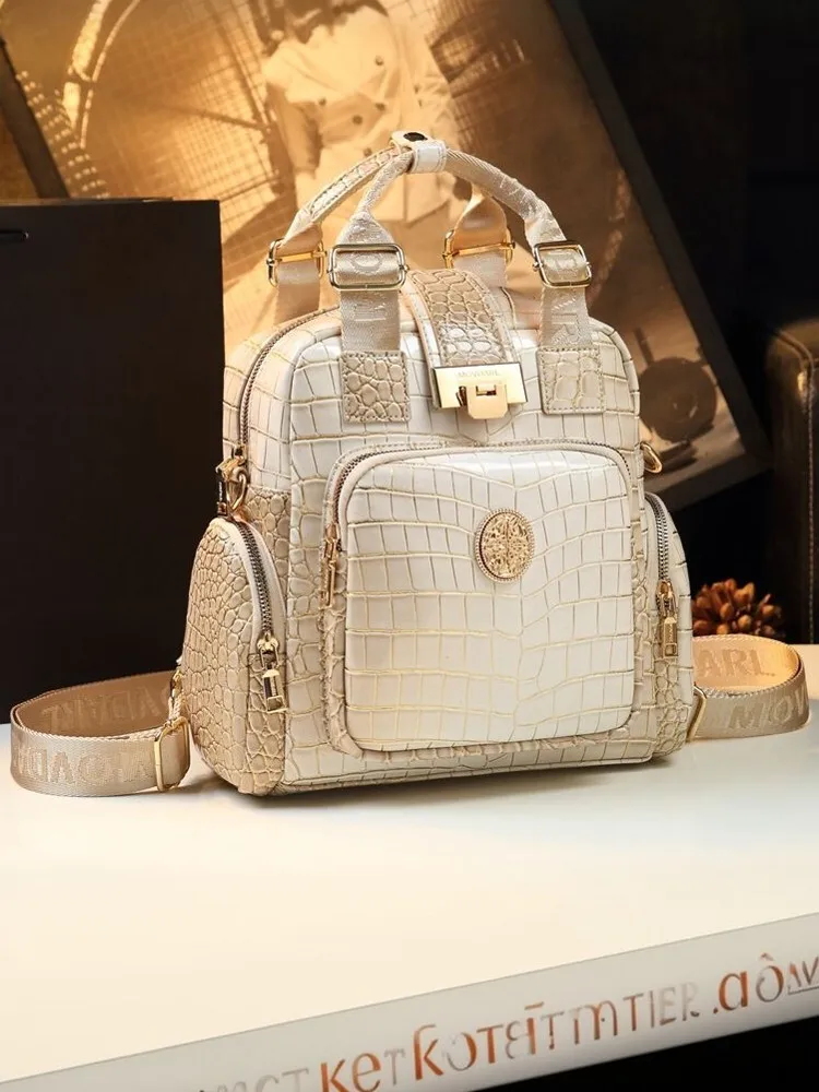 Women Backpack Crocodile Pattern Genuine Leather Tote Shoulder Bag Multifunctional Large Capacity Convertible Backpack Tote Bag