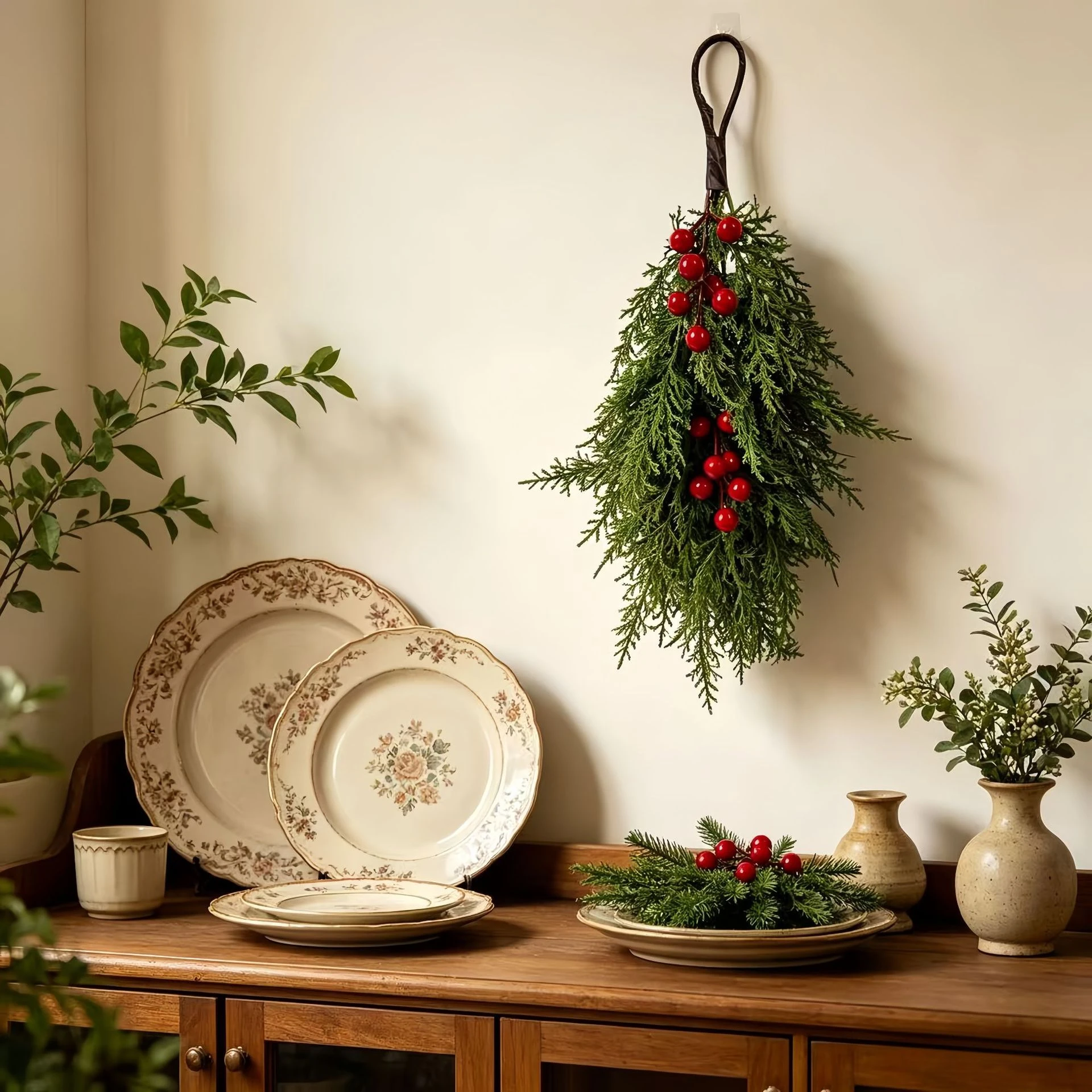 Artificial Juniper Leaves and Red Berries Christmas Ornaments Christmas Door Hangings Storefront Decorations and Festive Decor
