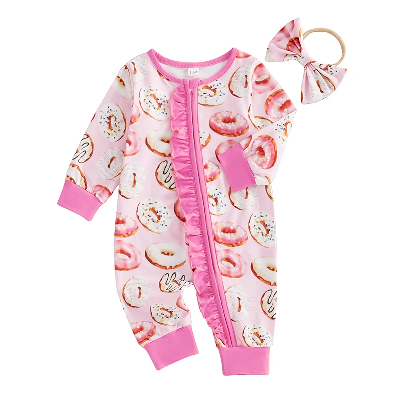 

Baby Girl 2Pcs Fall Outfits Long Sleeve Doughnut Print Ruffle Jumpsuit with Headband Set Newborn Clothes