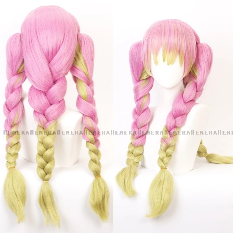 Anime Mitsuri Kanroji Cosplay Wig Long Pink Green Braid Heat Resistant Hair Authentic Cosplay Wigs 58CM