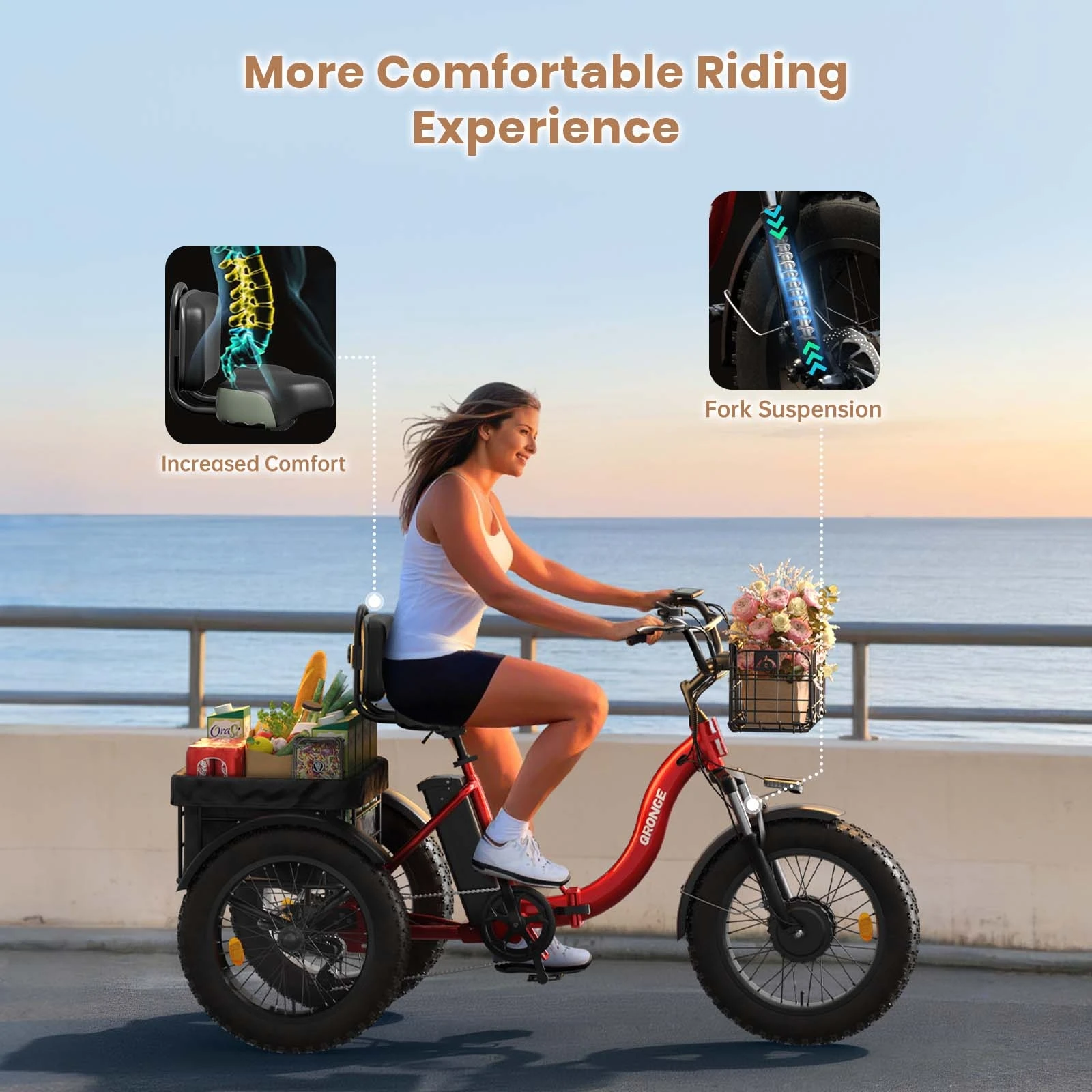QRONGE Electric Bike for Adults 1200W Peak 36V 20AH Battery Folding Electric Tricycle 75 Miles Range Max 20MPH 20"*4" Fat Tire Electric Trike image 9