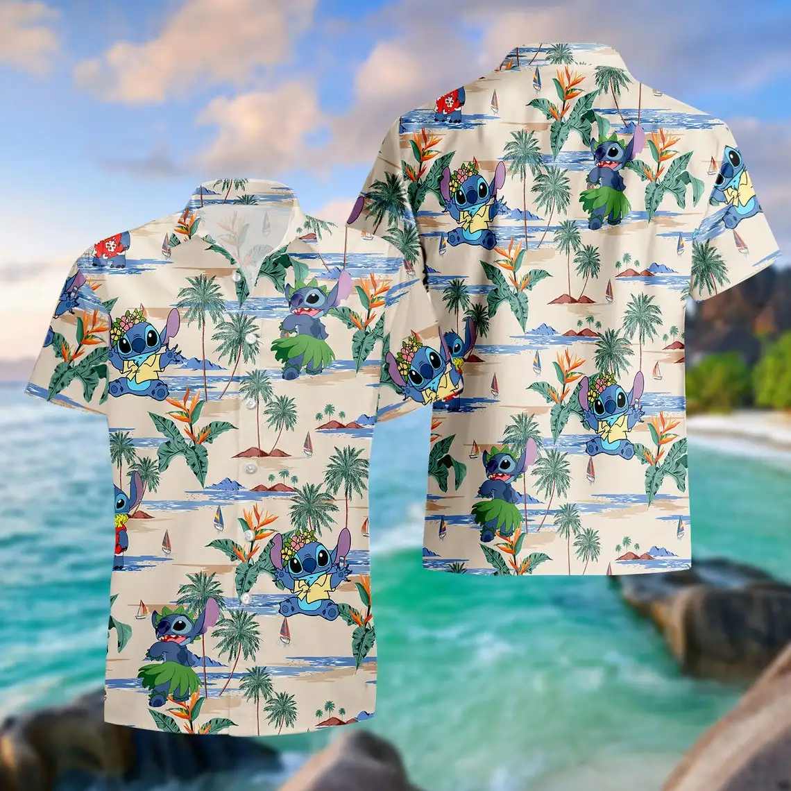 Camisas havaianas masculinas e femininas, manga curta, camisas casuais para praia, moda Disney, verão