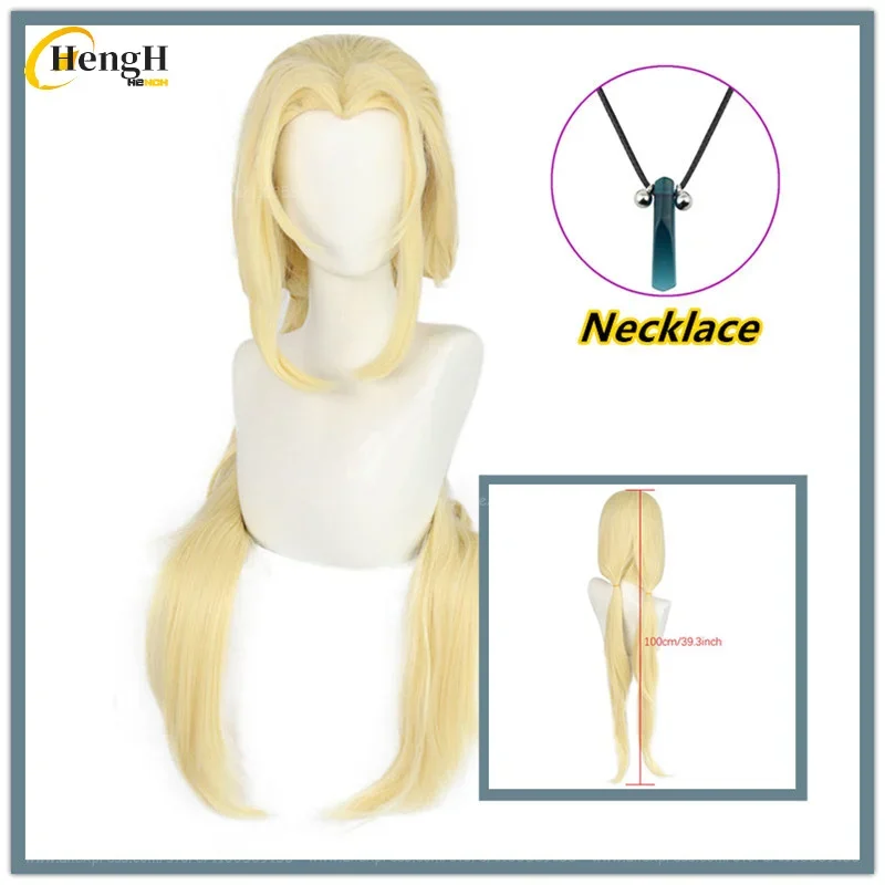 

In Stock Synthetic Wig Anime Tsunade 100cm Long Double Ponytail Blonde Cosplay Wig And Necklace Heat Resistant Hair Party Wigs