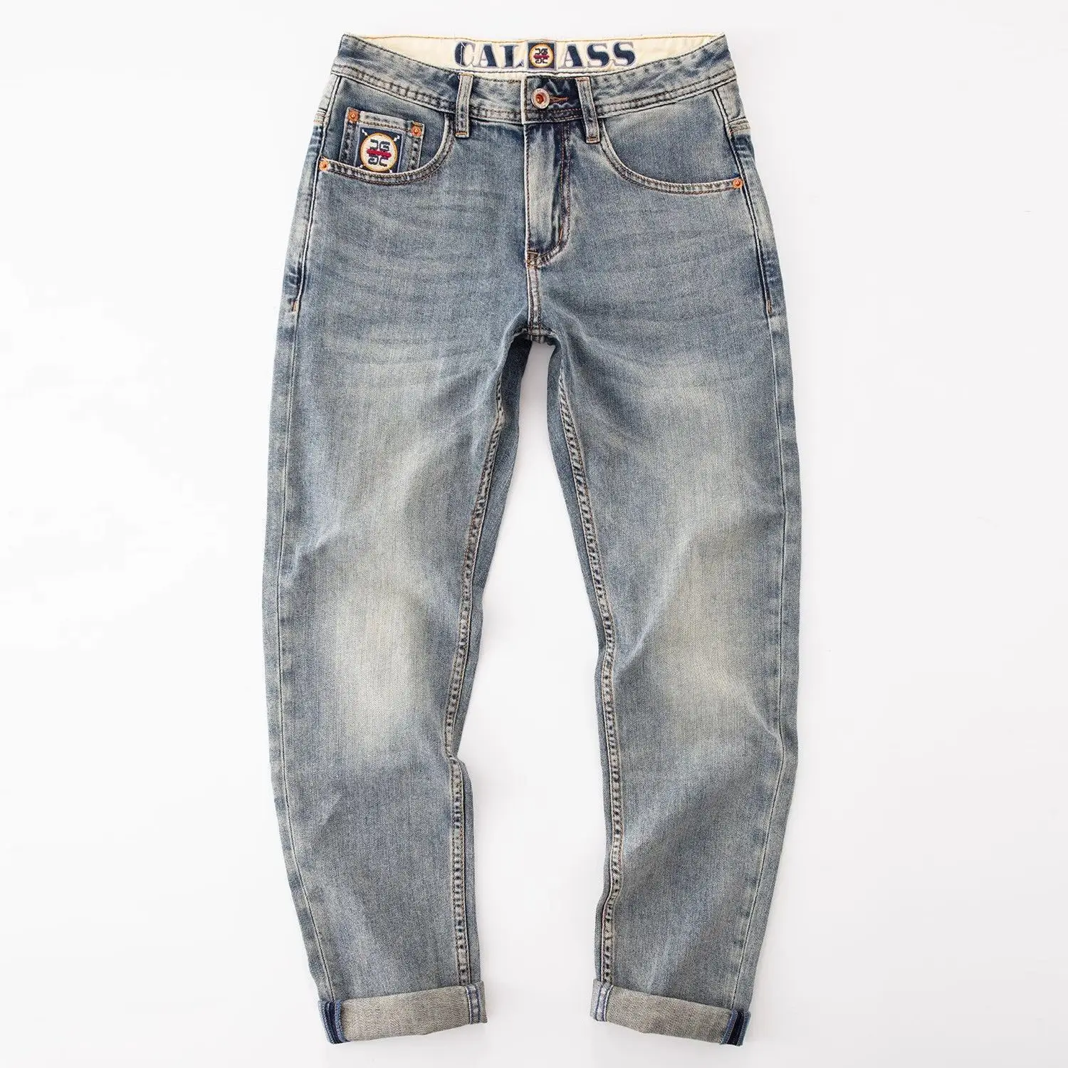 

New Washed Light Blue Polished Cargo Jeans Men's Summer American Trendy Brand Small Straight Retro Casual Youth Trousers