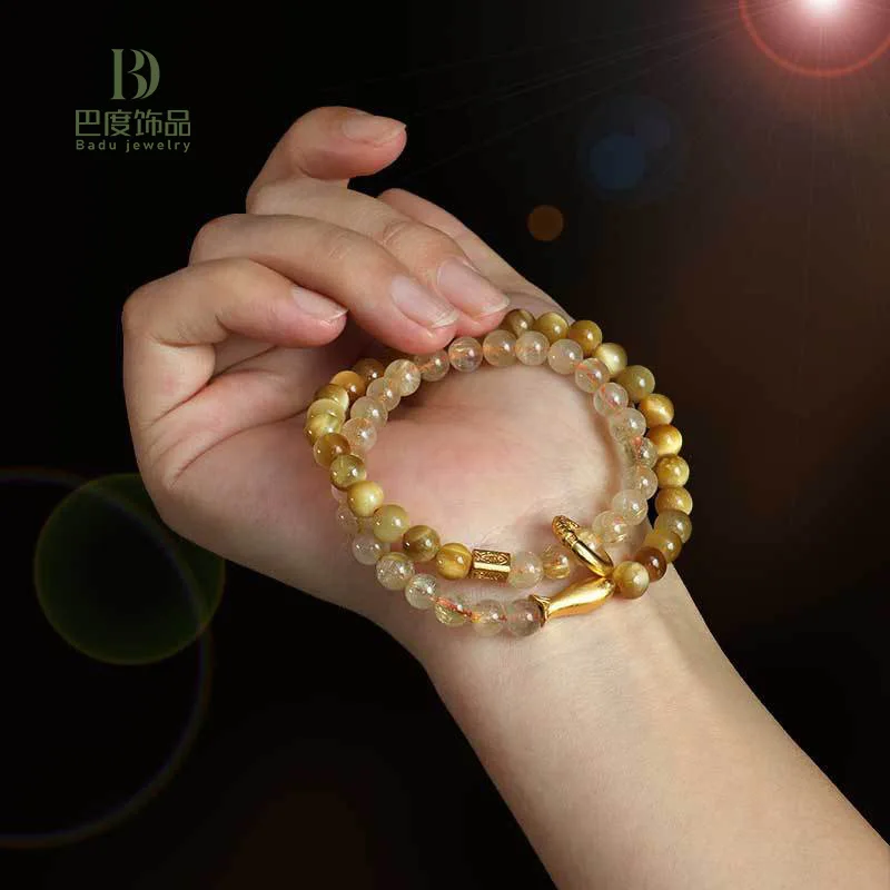 Blonde Crystal Golden Tiger Eye Small Fish Beaded Double Circle Bracelet Women's High-end Yellow Tiger Eye Hand String Jewelry