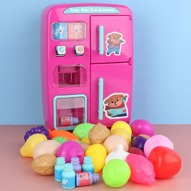 34pcs/set Simulation Vending machine Vending refrigerator with Spray Sound Music Kitchen Cooking toy Fruit Vegetable drinks sets