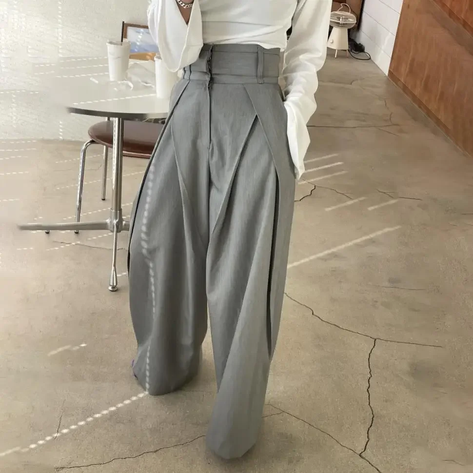 

Women Long Pants Wide Leg Pant Solid Casual Regular Loose Simple Elegant Splice Tight High Waist Autumn Trousers