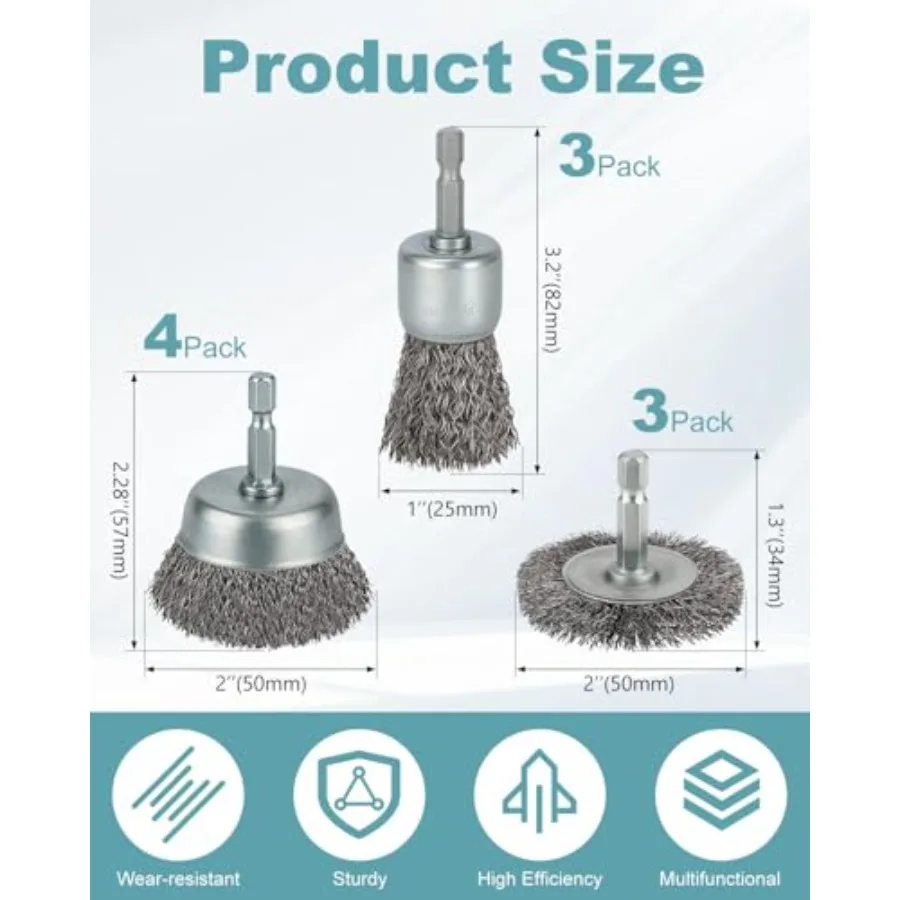 10 Pcs Wire Brush for Drill, Coarse Carbon Steel Crimping Wire Wheel Brush, 1/4 Inch Hex Shank, Cup Brush Drill Bit for Cleanin