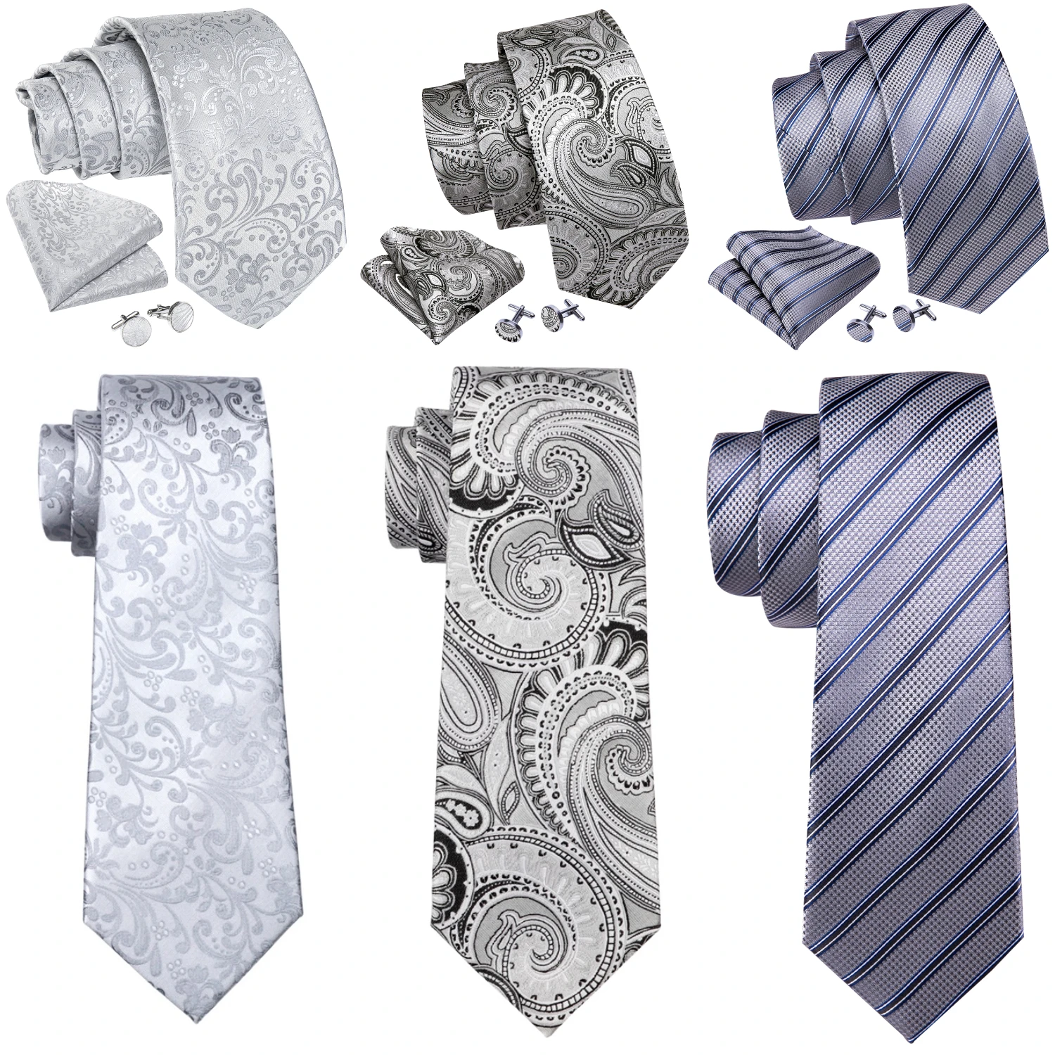 

Barry.Wang Jacquard Silver Men's Tie With Pocket Square Cufflinks Set Exquisiet Necktie For Male Wedding Business