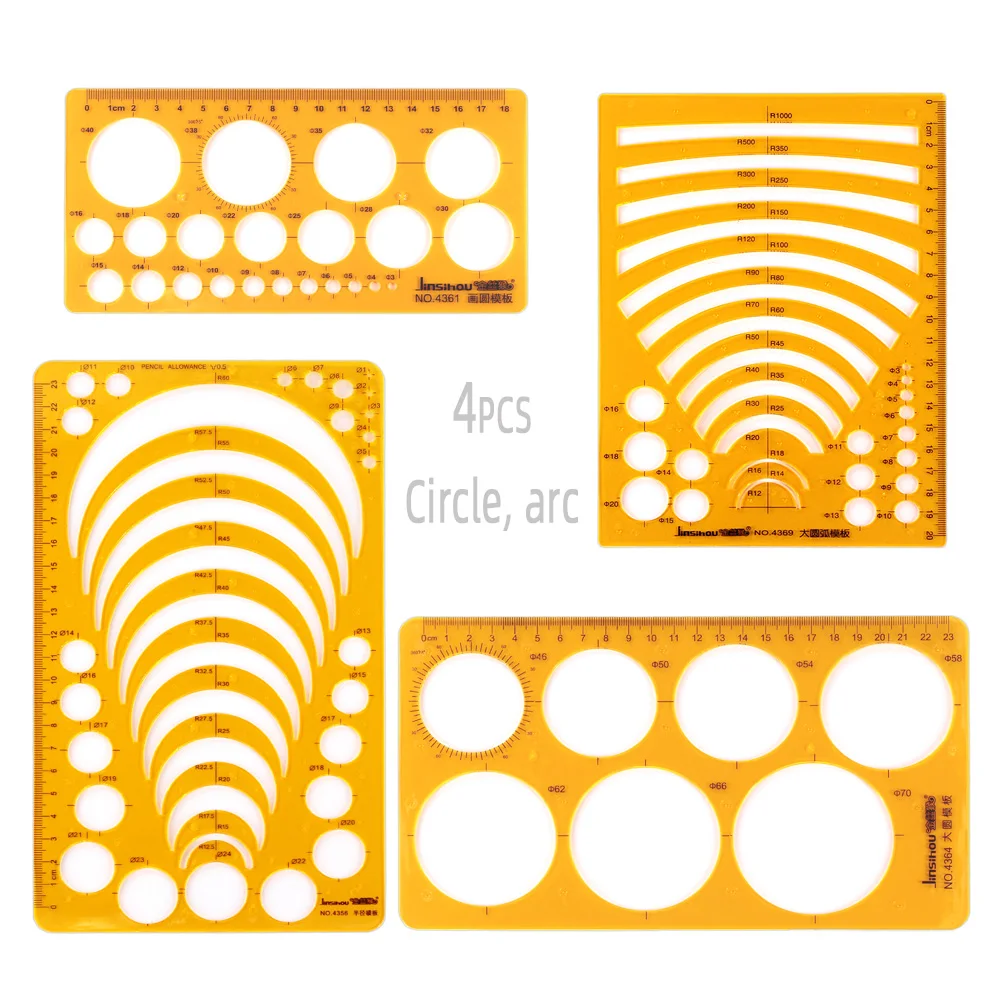 4-piece set of plastic orange disc radius arc main engraving circular geometric figure measuring template drawing ruler