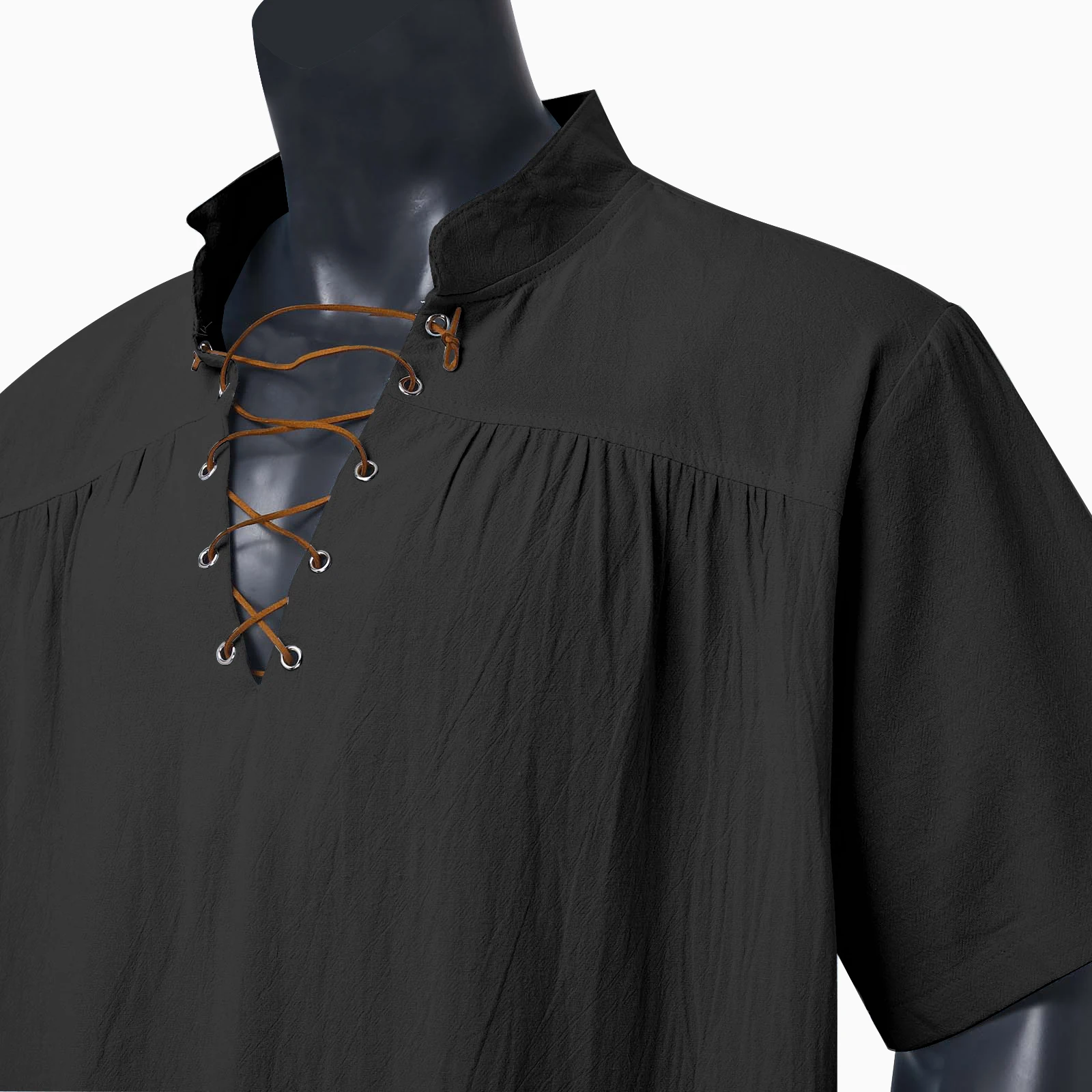 Medieval Costume Shirts Men Short Sleeve Vintage Renaissance V Neck Lace up Blouse Tops