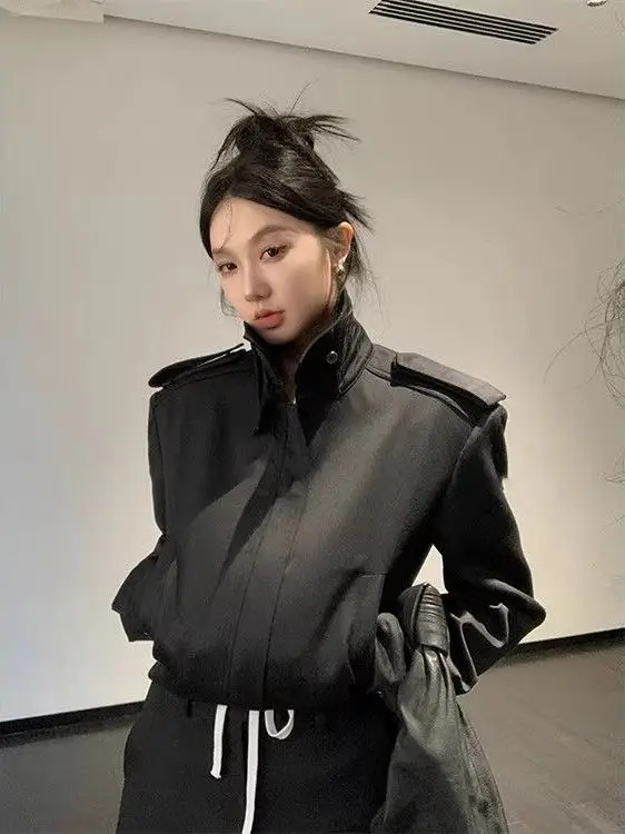 

Bla Stand Collar Wide oulder Casual Jaet Women's Pure Color Retro ort Match All Leisure Faionable Top Spring New