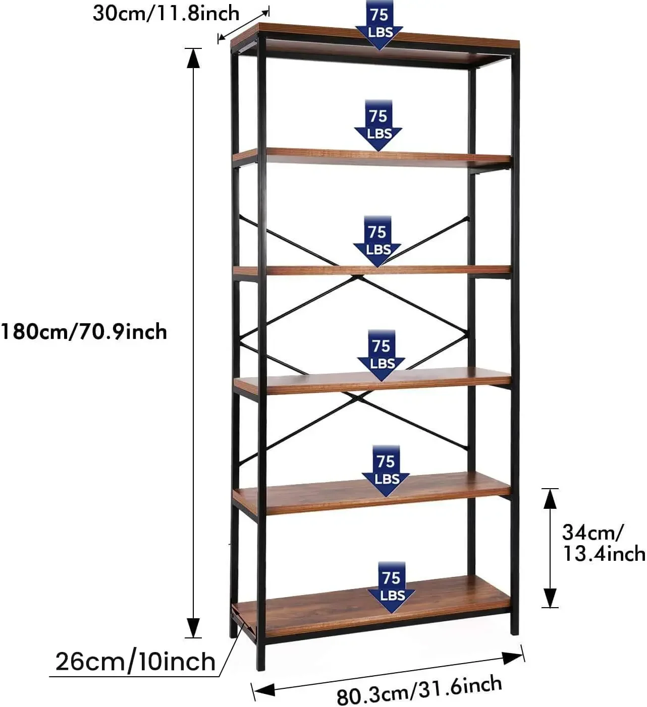 6 Tier Industrial Bookshelf, Vintage Standing Storage Shelf, Display Shelving Units, Tall Bookcase, Industrial Metal Book