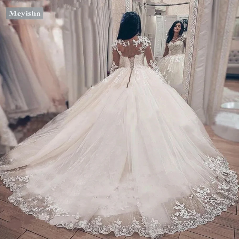 ZJ9440  Luxury Ball Gown Vestidos De Novia Appliques Vestido De Noiva Long Sleeve Wedding Dresses Lace