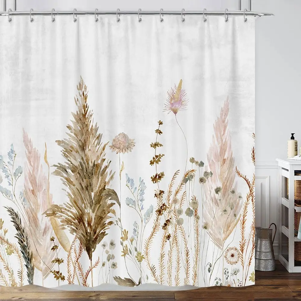 Rustic Boho Leaves Shower Curtain, Watercolor Chic Tan Cream Pampas Grass Boho Farmhouse Floral Shower Curtain with Hooks