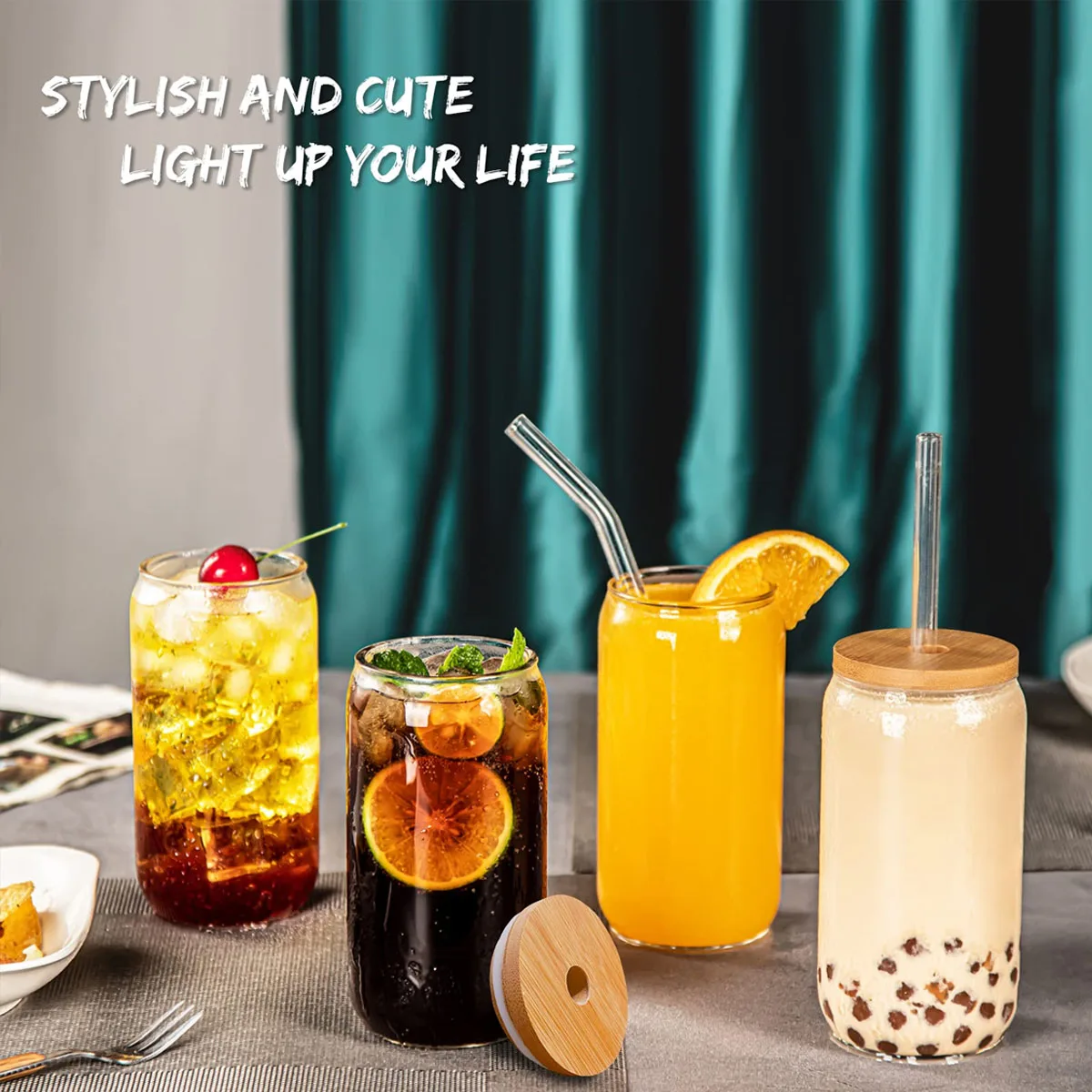 4pcs Drinking Glasses with Lids and Glass Straw-16Oz Can Shaped Glass Tumbler Cup,Soda Boba Tea Cocktail Beer Ice Coffee Glasses