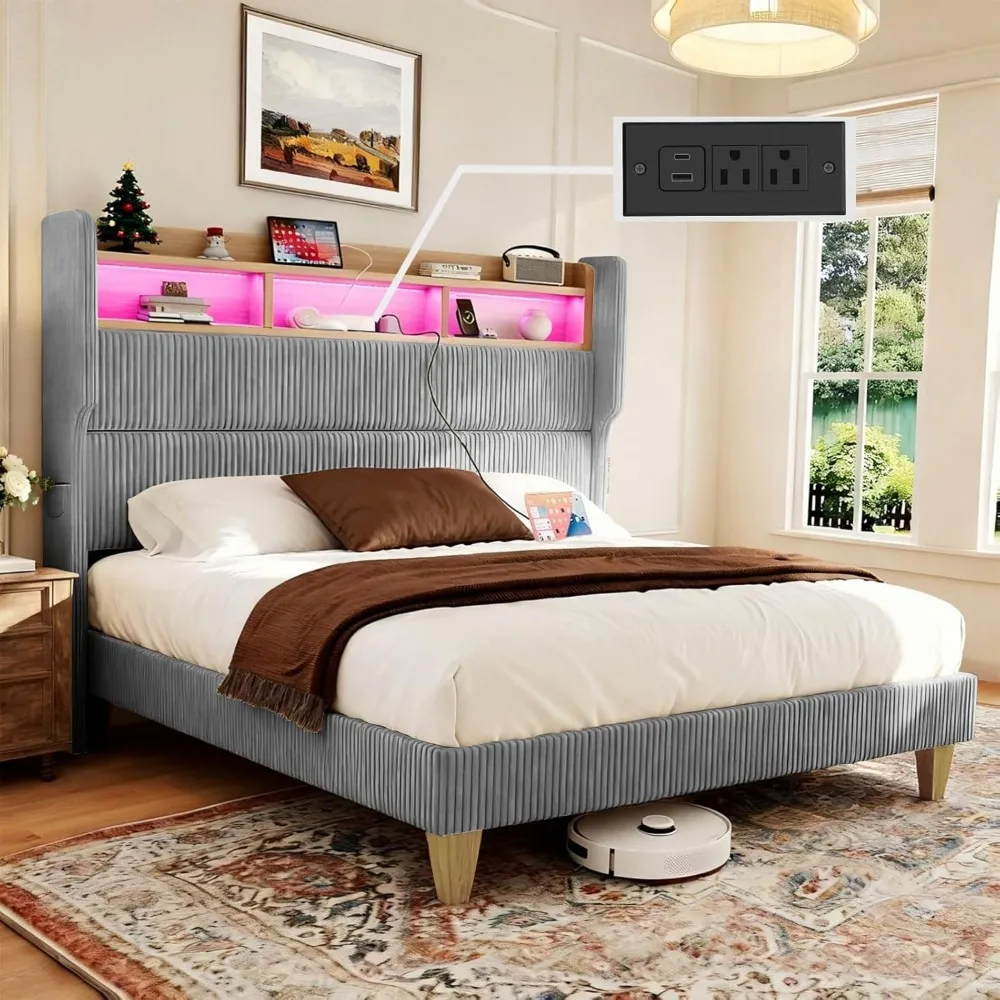 Base de Cama Queen Size con Cabecera de 51 Pulgadas de Alto y Estante de Almacenamiento, Cama de Plataforma Tapizada en Pana con Luces LED, Personalizable