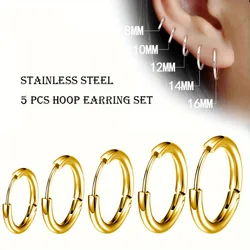 5 Pieces 8-16MM Stainless Steel Earrings Round Line Earrings Hook Ring Pendant Set Huggie Hoop Earrings Men Hook Jewelry