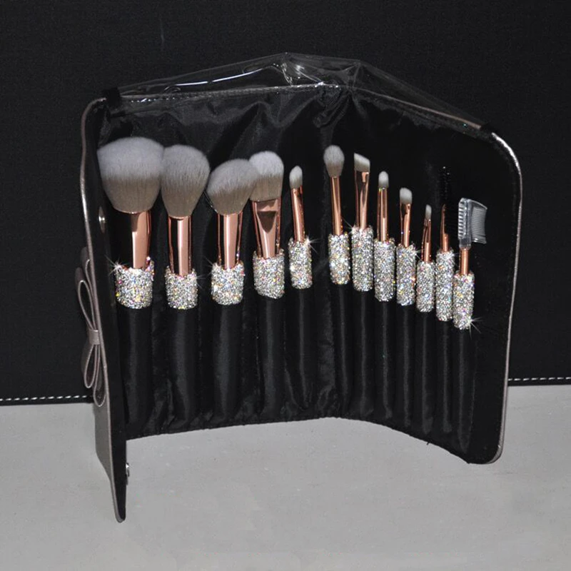 

12 Sets Makeup Brushes Rhinestone Make Up Loose Powder Eye Shadow Brush Travel with Cosmetic Bag Dustproof Organizer Gift