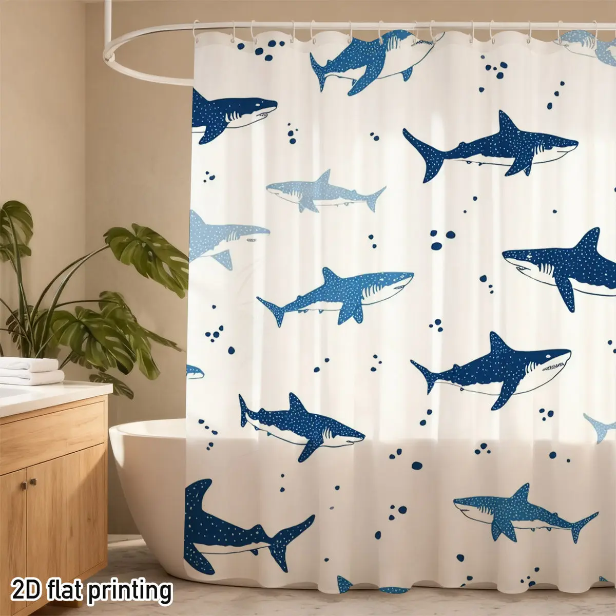 

Занавеска для душа с изображением акул – игривые синие акулы и пузырьки на кремовом фоне, водонепроницаемый полиэстер, декор для ванной комнаты в морском стиле.