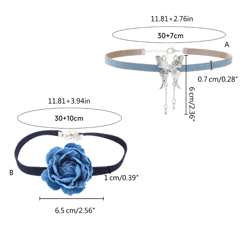 Fashion Blue Rose Flower Choker Necklace Comfortable Collar Necklace for Women Girls Elegant Butterfly Fringe Choker