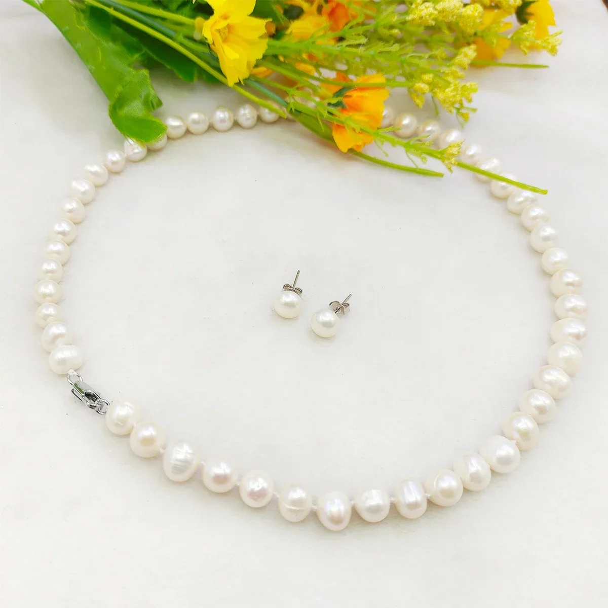 100% Natural Beads 6-7/7-8/8-9mm White Tahiti Pearl Necklace Near Round 17\'\'+Earrings DIY Jewelry Sets Gifts for Girl Women
