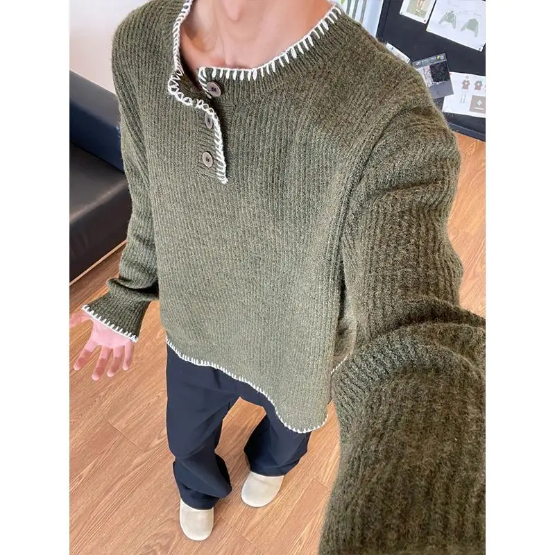 Retro lazy style Henry collar sweater men's autumn and winter design button sweater loose green base layer men clothing y2k tops