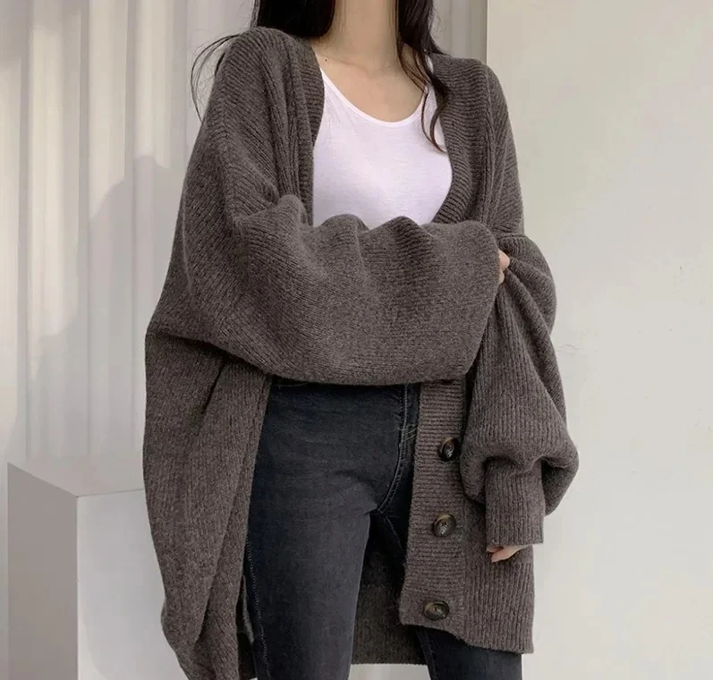 

Свободный повседневный вязаный свитер, пальто на одной пуговице, рукав-фонарик, открытый кардиган, осень-зима, новый стиль, женская мода