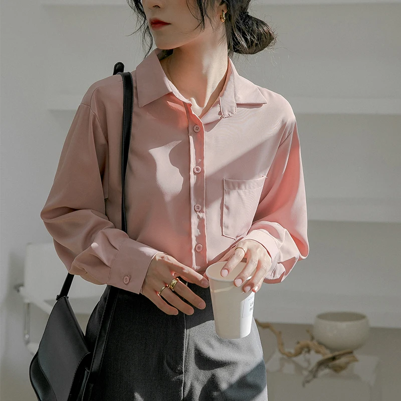 Women Autumn Korean Office Lady Loose Solid Color Polo-Neck Long Sleeve Shirts Women Clothes Fashion All-match Appear Thin Tops