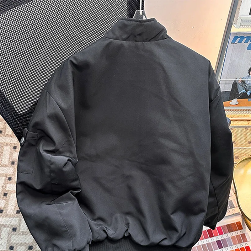 Stand Up Collar Cotton Baseball Jacket For Men Autumn Winter Simple Zipper Thick Coat American Casual Fashion Loose Warm Jackets