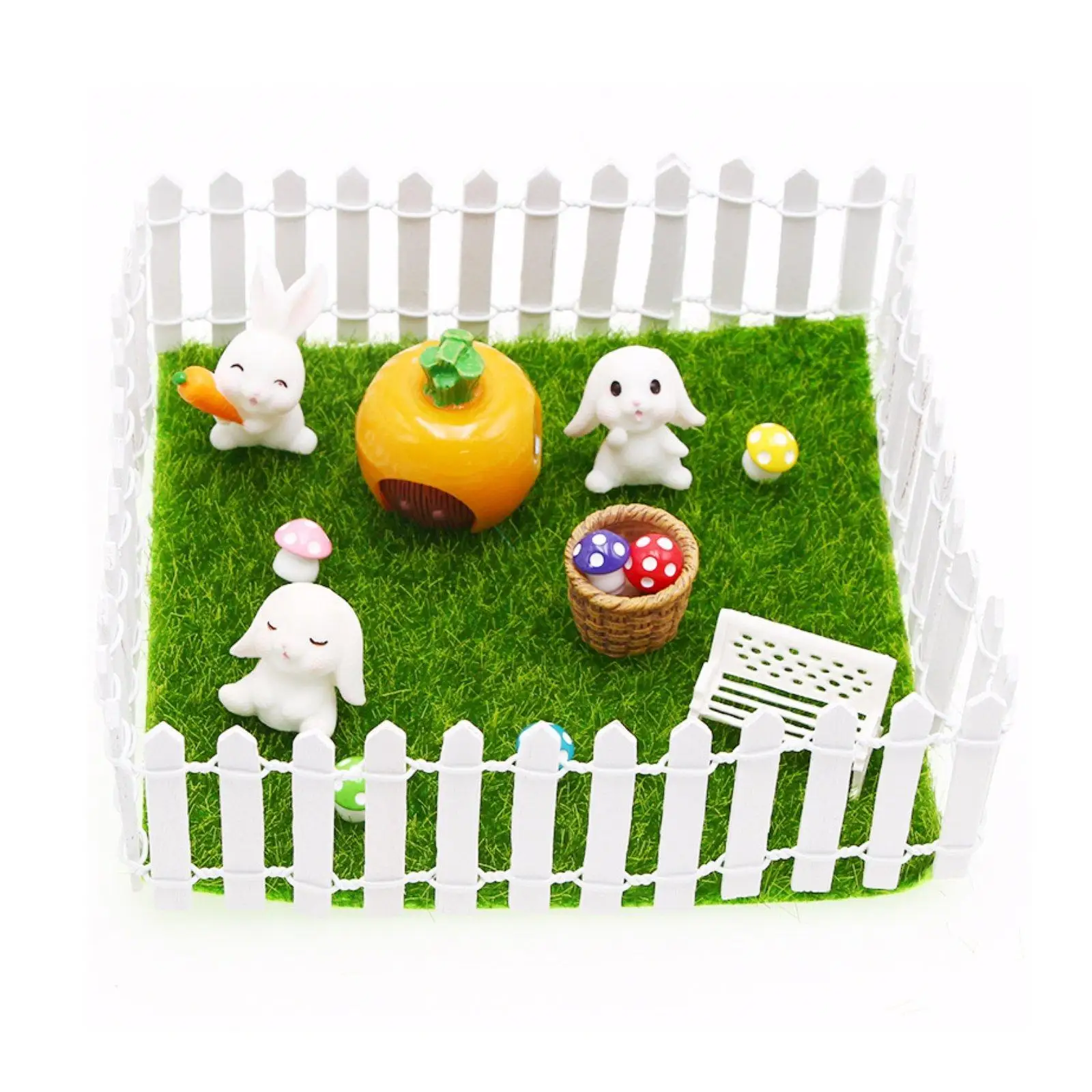 Easter Bunny Dollhouse Miniature Set with Carrot House Mushrooms and Picket Fence for 1 12 Scale Dollhouse Garden