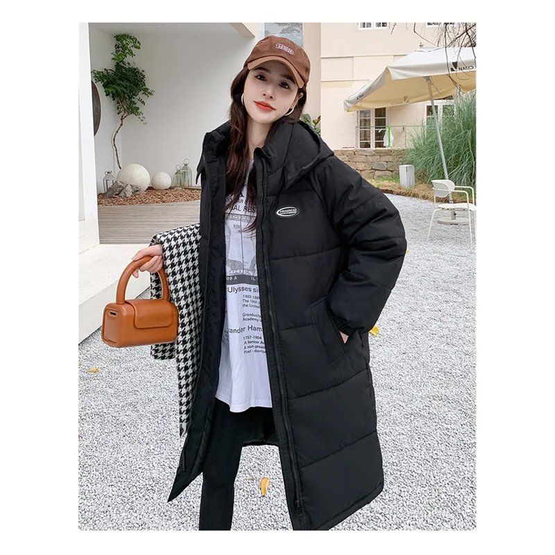 

Women's Black Korean Down Jacket Warm Hooded Straight Padded Jacket Simple Loose Comfortable Long Ladies Thickened Jacket Winter