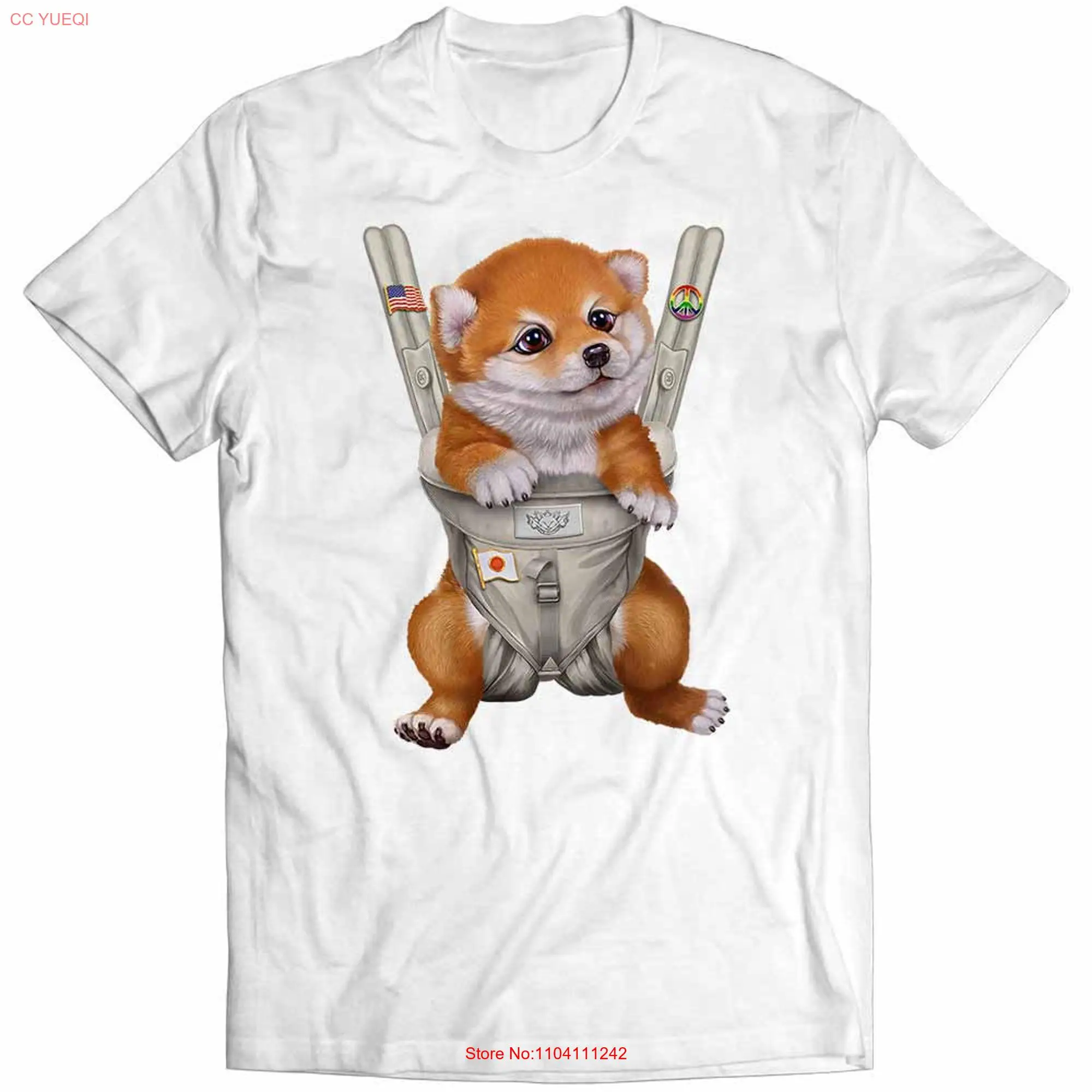 Red Sesame Shiba Inu Dog in Baby Carrier  Boys and Girls Youth T Shirt PrintStarT long or short sleeves