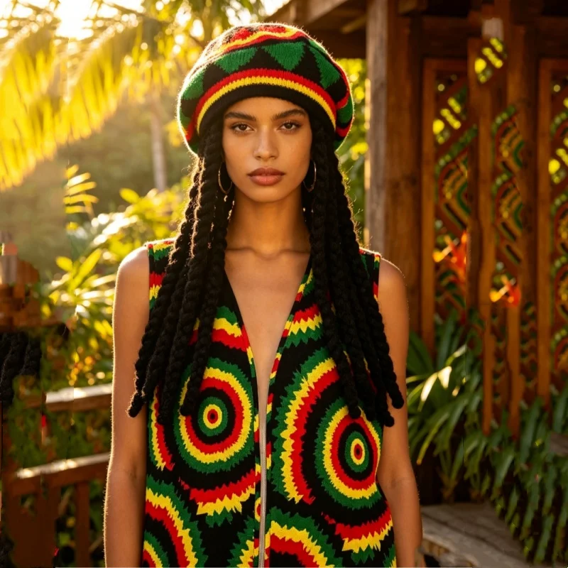 Halloween Cosplay Party Knit Braid Hat Dreadlocks Wig Jamaican  Hip Hop Beanie Cap Unisex Multi-colour Printed Tank Top Costume