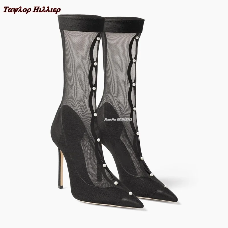 

Sexy Black Mesh Hollow Elastic Boots Summer New Fashion Pearl Pointed Toe Stiletto Catwalk Party All-Match Ankle Boots Women 46