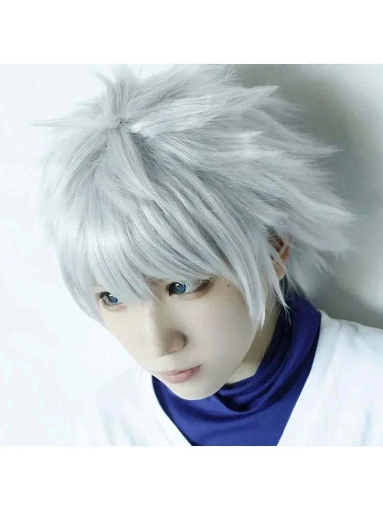 헌터 x 헌터 Killua Zoldyck 코스프레 의상 번호 99 배지 할로윈 크리스마스 파티 코스프레 정장 셔츠 짧은 흰색 가발