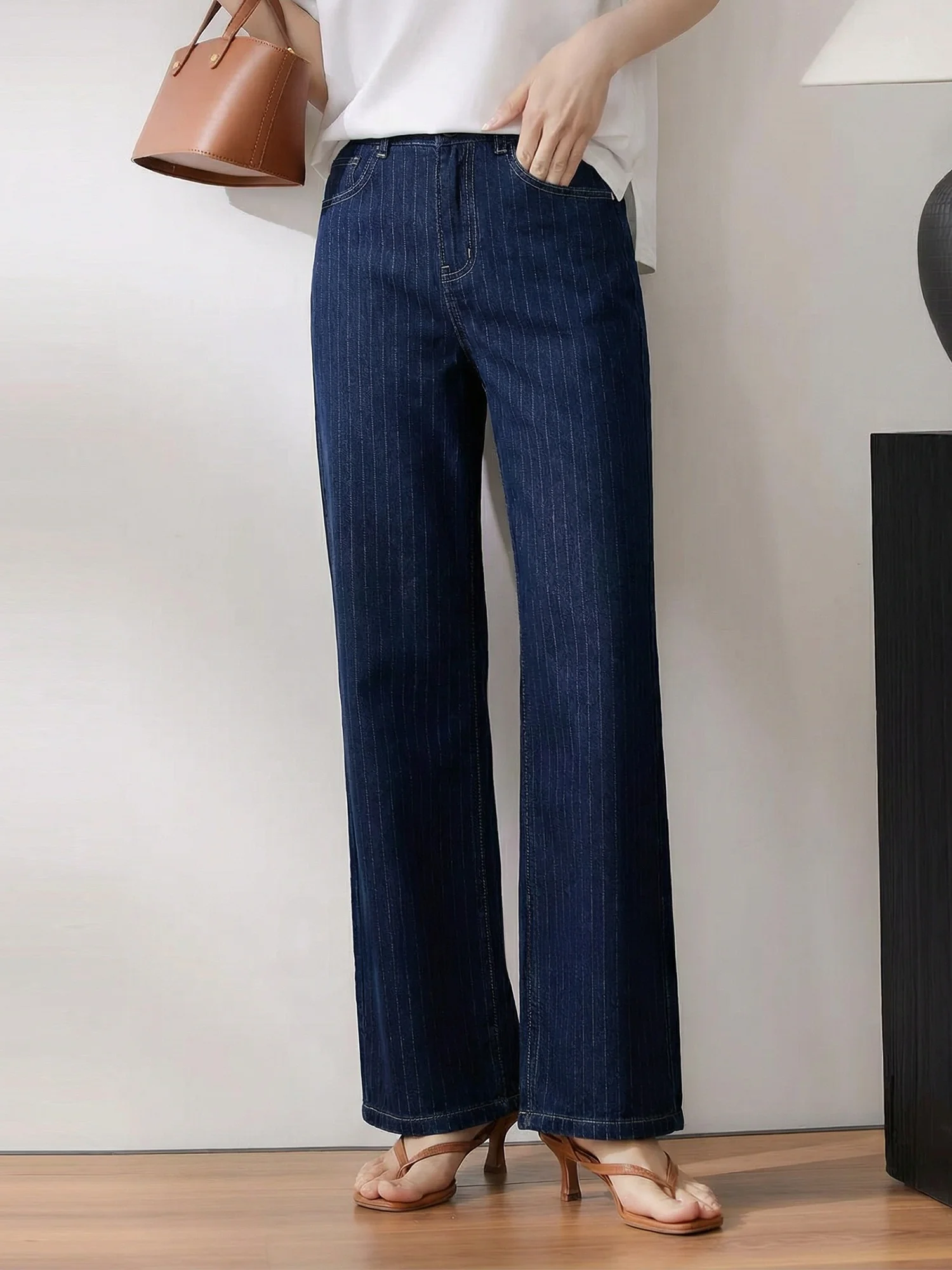 

Chivirin Silk Cotton Blue Stripe Wide Leg Jeans Women's Casual Commute Spring Faion Ele Sle High Waist Straight Cut