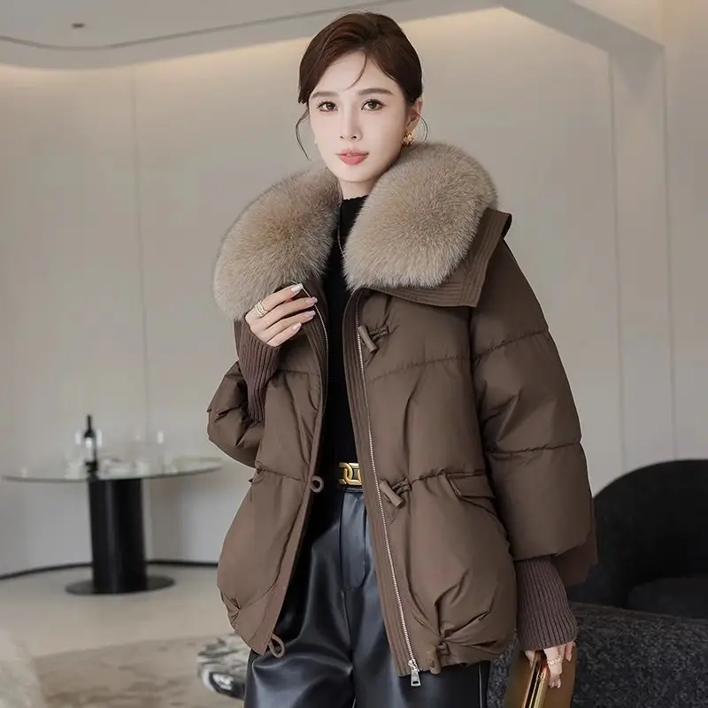 Winter Solid Color Turn-down Collar Long Sleeve Fashion Parkas Women High Street Loose Zipper Patchwork Button Thick Warm Coat