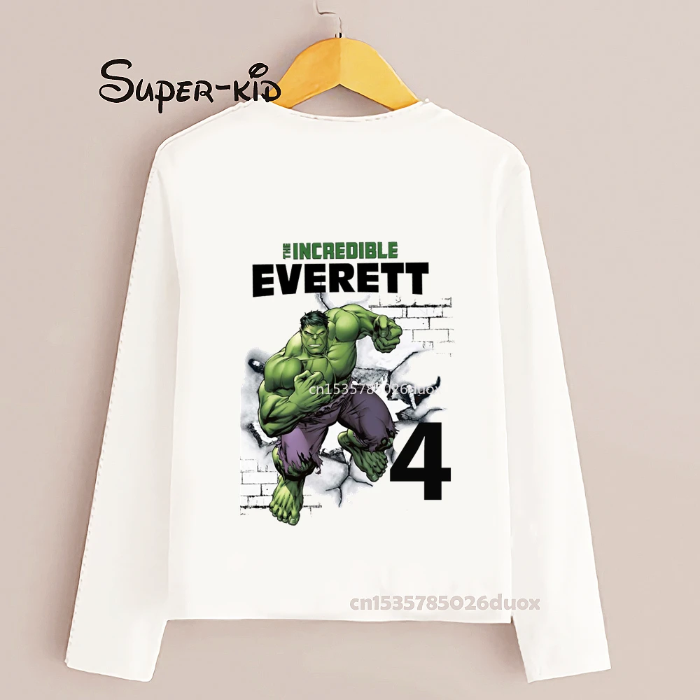 Boy 3 4 5 6 7 8 Years The Hulk Customized Name Birthday Long Sleeve T-shirt Kid MARVEL The Hulk Birthday Fashion Bottoming Shirt