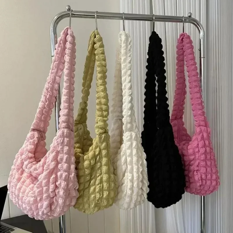 Bolso de hombro acolchado a cuadros con bonitos burbujas plisadas, bolso para axila de gran capacidad, bolso cruzado bordado de Color sólido para mujer