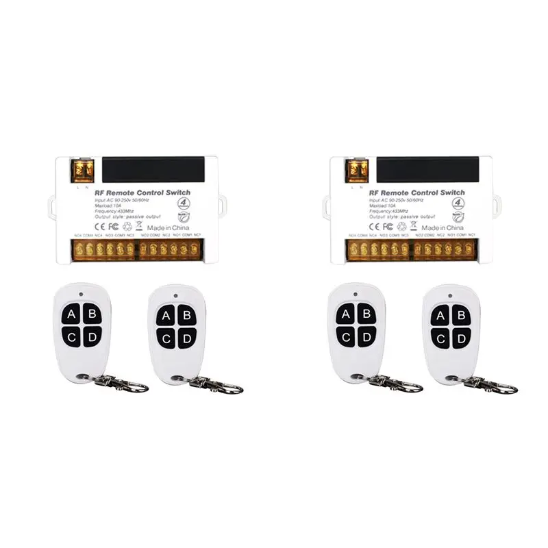 BAAG-2X 4 Channel Wireless Relay Remote Control Switch 433.92 Mhz RF AC90-250V 10A Relay Receiver With 4 Remote Control