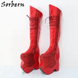 Sorbern Red Drag Queen Over The Knee Boots Women Wedges Thick Platform Fetish Boots Taking Photos Styles Boots