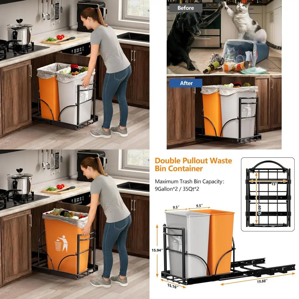 

Double Bin Pull-Out Trash Can Rack for Cabinets, Fits 7-9 Gallon Cans, No Can Included